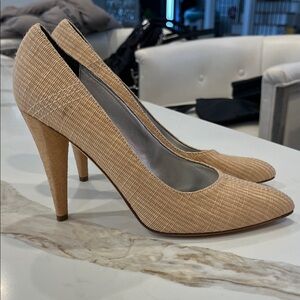 7 For All Mankind Ditzy Natural Raffia Tan 4” Cork finish Heels - made in Italy